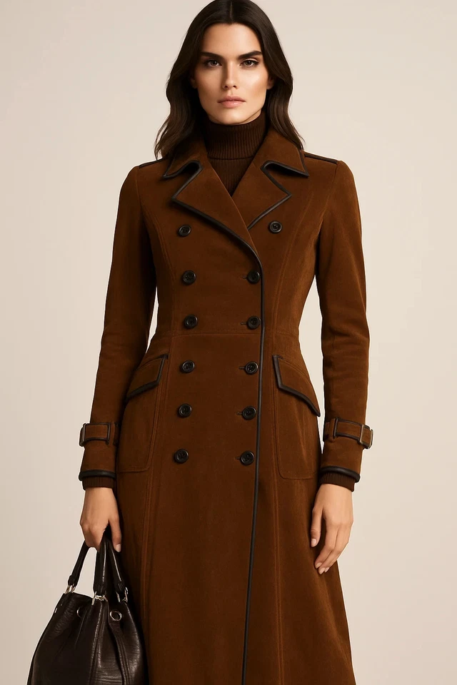 Trench coat feminino feito à mão de camurça marrom | Jaqueta longa com cinto peito duplo - Imagem 3 de 3