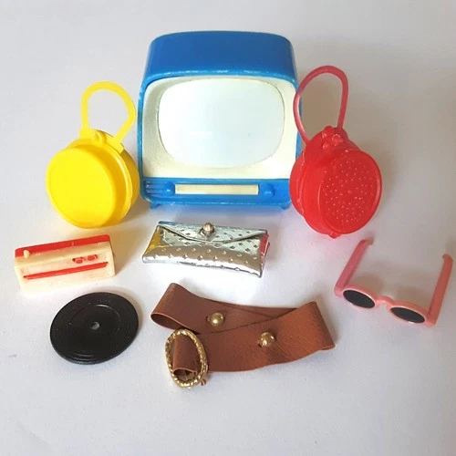 VTG 60s Barbie Accessories Silver Evening Handbag, Belt, Purse, Record, Radio TV