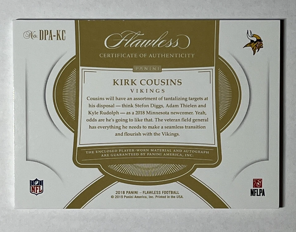 2018 Flawless Kirk Cousins 1/1 Patch Auto on Card - Vikings  SP - Image 2 of 4