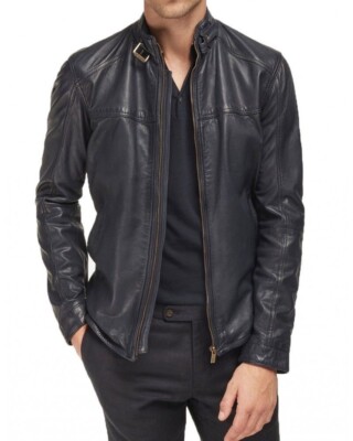 Leather Jacket Men's Biker Motorcycle Style Men Sheep Skin Racer Soft Black 83