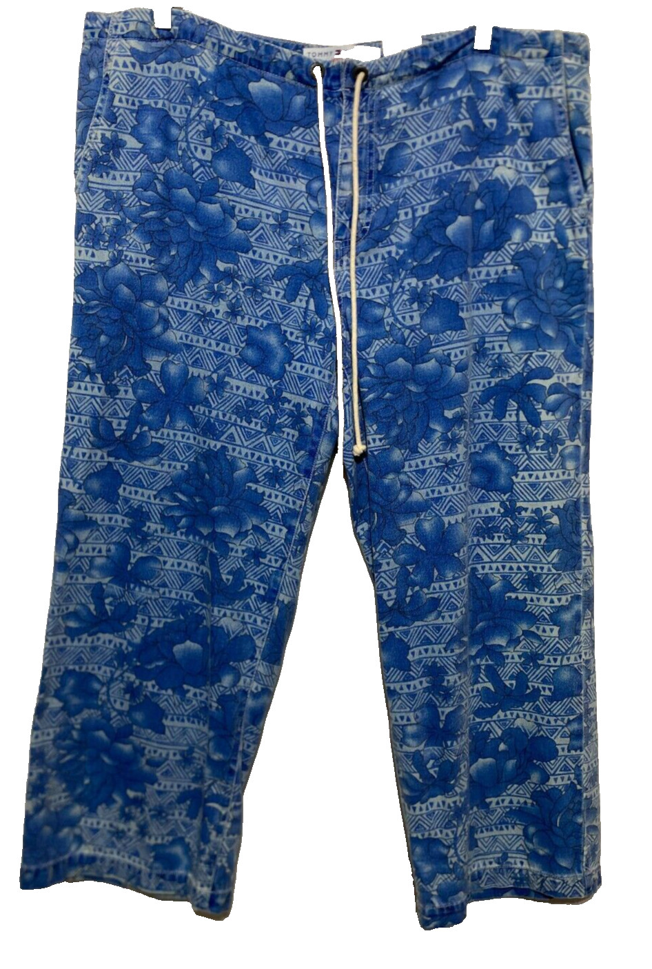 Tommy Hilfiger Cropped Pants Women Size 12 Floral Print Denim Drawstring Waist