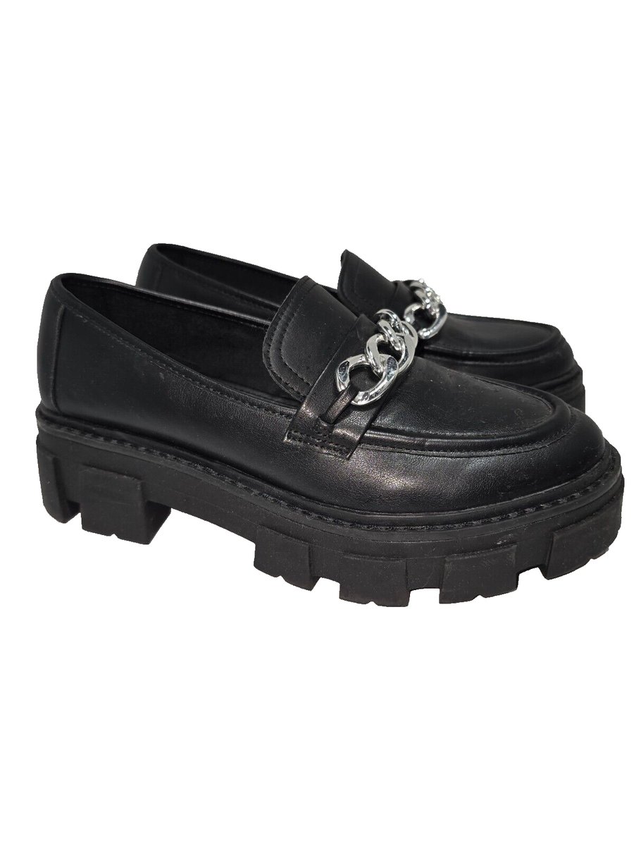 No Boundaries Women's Loafers Black Lug Sole Platform Chunky Heel Round  Toe