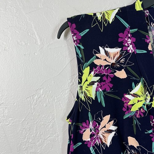 Chaus Dress L Navy Blue Floral Stretch Pullover Knotted Vneck Cap Sleeve - Picture 4 of 16