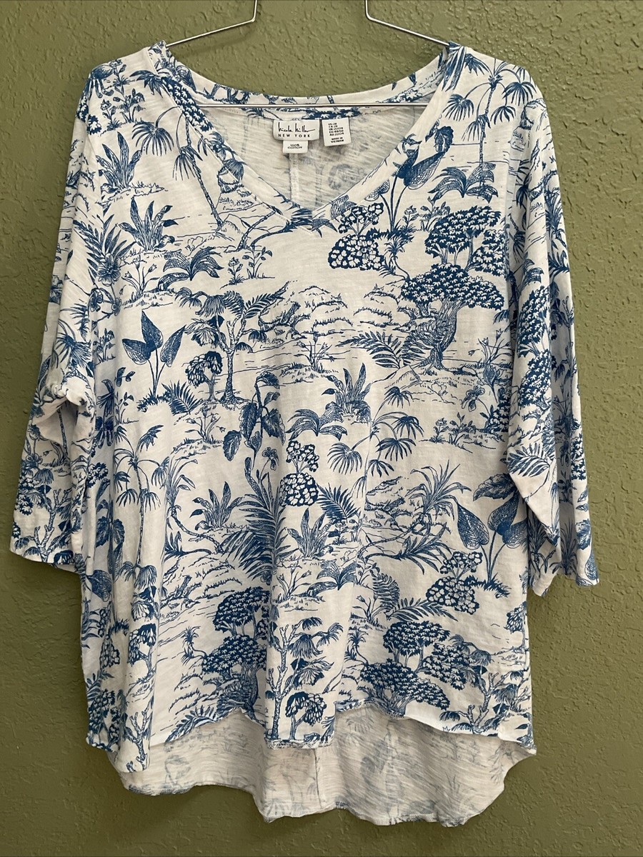 NICOLE MILLER SZ 2X Blue White Floral 100% COTTON V-Neck Hi-Low