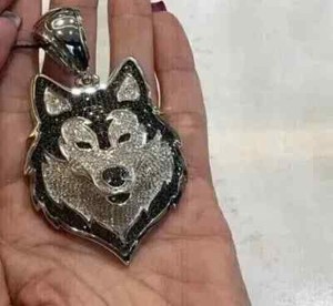 Authentic 3.30Ct Round Cut Men's Black Moissanite Wolf Charm Pendent 14K White Gold Plated