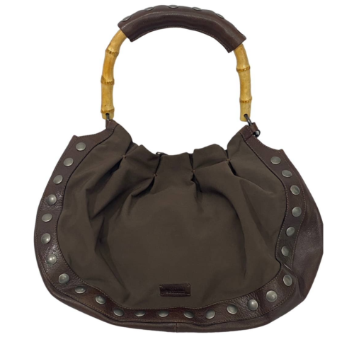 Moschino Cheap and Chic Brown Leather & Fabric Silver Studded Bamboo Purse Bag - Afbeelding 1 van 13