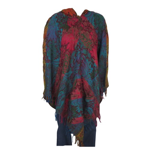 Poncho| 2 Button|Fringe| Hood+Pocket|Boho| MT | Yak Wool Blend|1 Size| Red/Blue - Picture 2 of 8