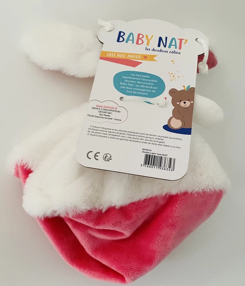 4012🌟Doudou Plat Mouchoir Lapin Blanc Babynat Baby Nat' Rose Litchi - Photo 2/2