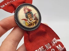 Antique 1890s Massasoit Tribe Native American Color Celluloid Badge Ribbon