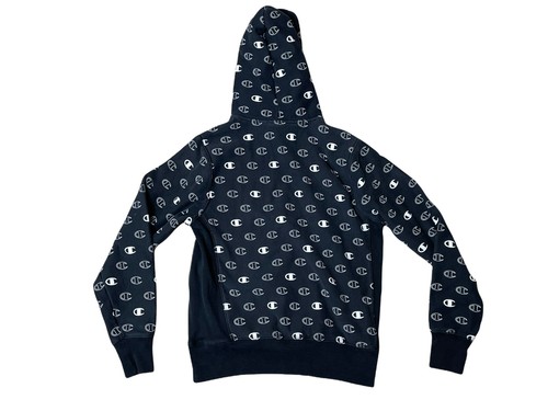Champion Hoodie Youth Medium Black Reverse Weave All Over Print Pullover - Picture 2 of 10