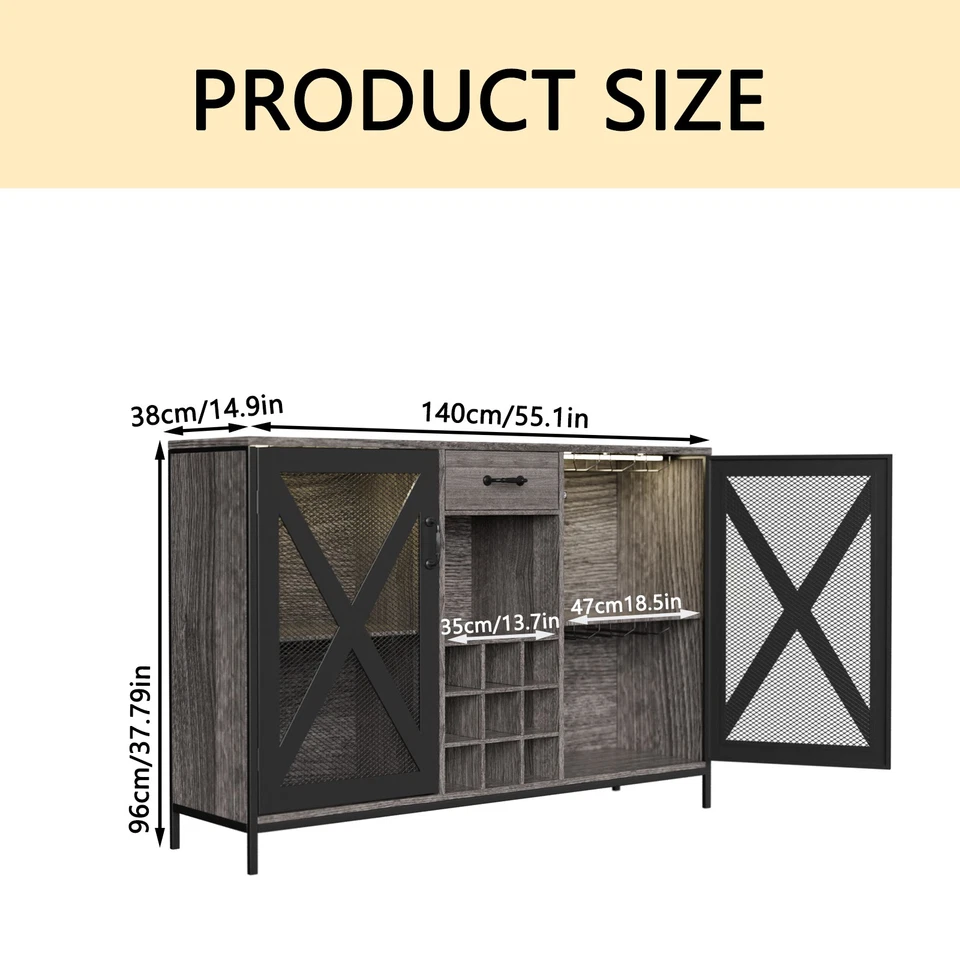 Gabinete de vino de madera gabinete de licor largo con cajón marco de metal exhibición de botellas de vino Foto 3 de 4