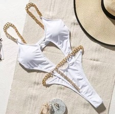 Sexy Damen Monokini Metall Kette Cut Out Eint...