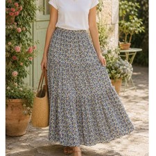Floral Maxi Skirt Cottagecore Prairie Blue Orange Ditsy Print L XL Feminine