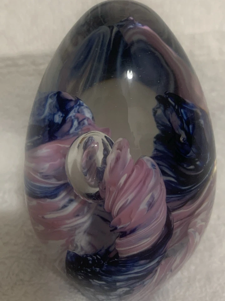 Firmado 1991 Robert Eickholt azul/rosa remolino arte vidrio pisapapeles excelente ¡GUAU! Foto 4 de 4
