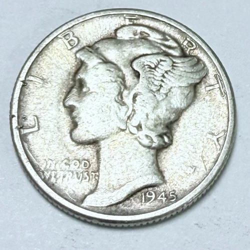 1945-D Mercury Dime, Winged Liberty Head, 90% Silver, Very Fine Condition #4401