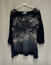 CJ Banks Women's Blue Sequin 3/4 Sleeve Botanical Top Size 3X