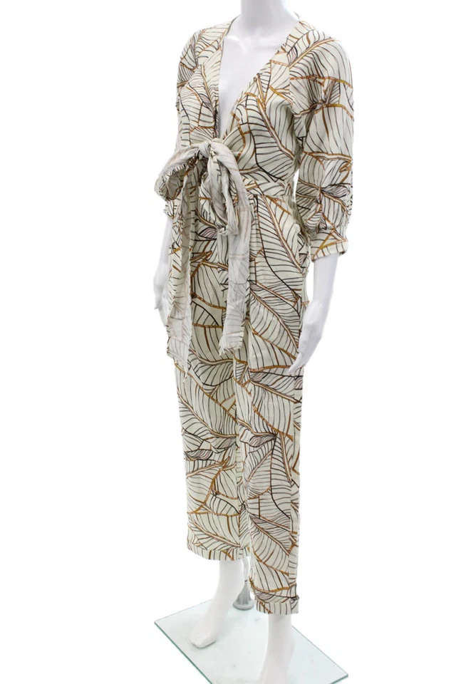 Nicholas Women Beige Linen Geometric V-Neck Jumpsuit 3/4 Sleeve Size 0 - Image 2 of 4