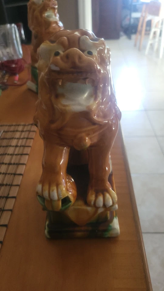 VTG 10" Chinese Green Brown  Glaze FOO DOG LION Dragon Palace Buddhist Figure - Image 2 of 4