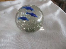 Paper Weight Colorful Ocean Blue Dolphin Clear Round Blown Glass 3" Round