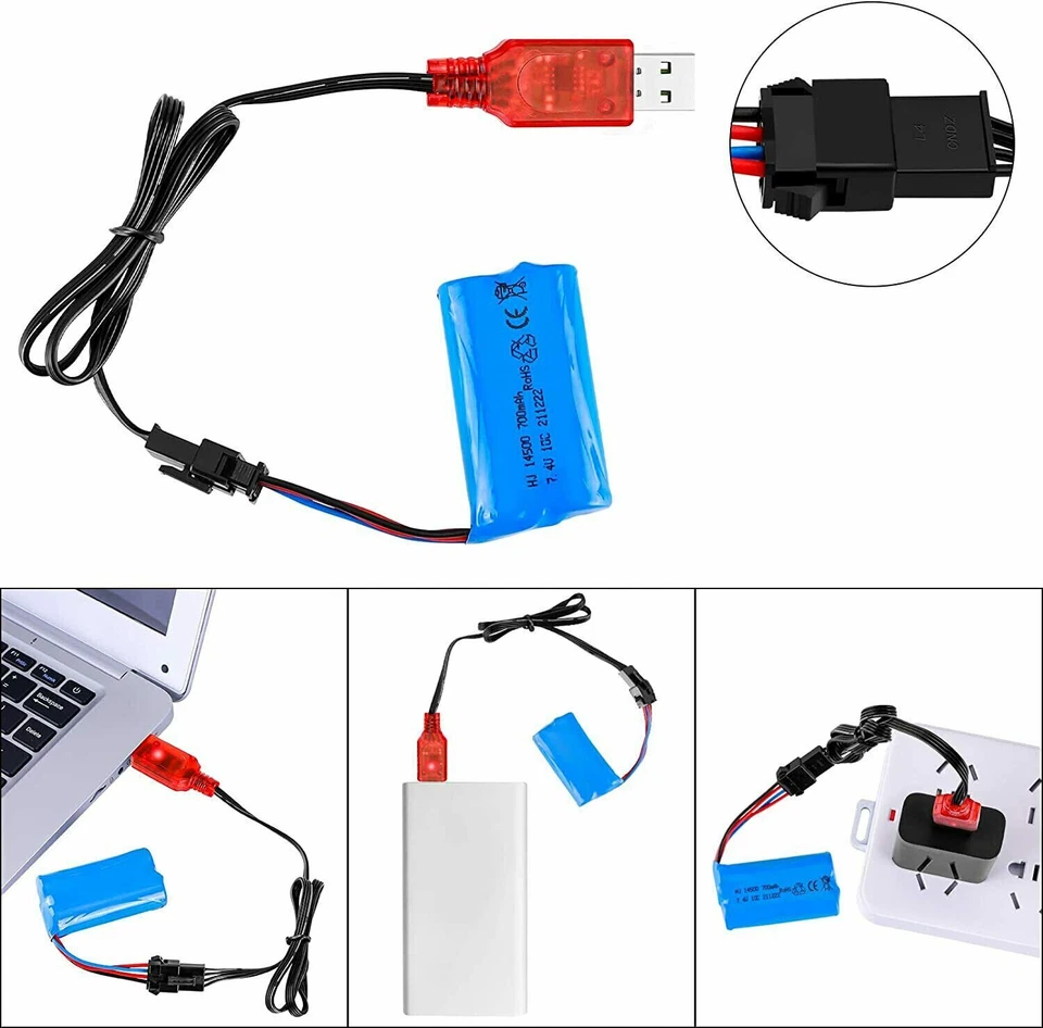 2pcs 7.4V 700mAh Li-ion Battery SM-4P Plug for RC Car Boat Truck w/ USB Charger - Image 4 of 4