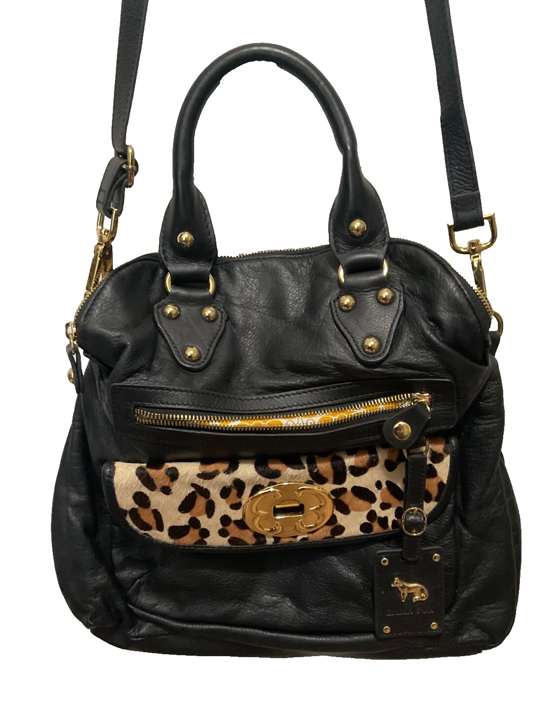 Emma Fox Ladies Black Leather  Fold Over Tote  Bag Purse Inside Floral Print