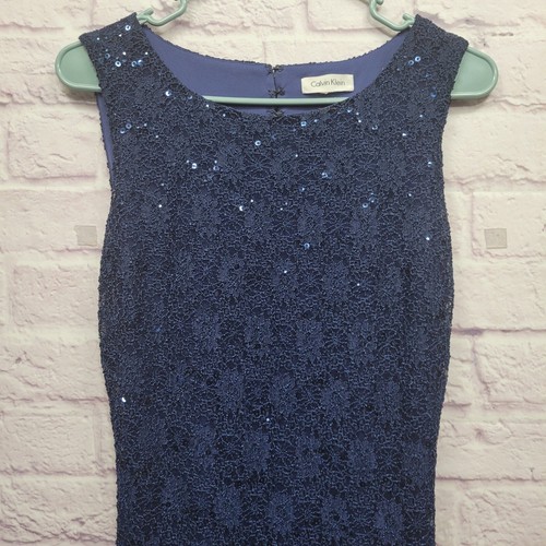 Calvin Klein Navy Blue Sequin Maxi Dress Sz S Floral Lacy Stretch Lined Evening