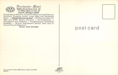 Dorchester Motel Detroit Michigan MI Postcard - Picture 2 of 2
