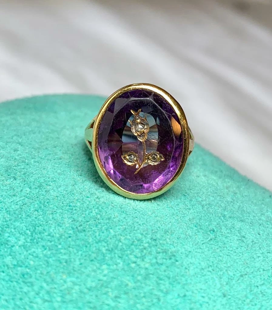 Rose Cut Diamond Amethyst Intaglio Ring Thistle or rose of Sharon 18K Victorian