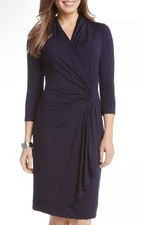 Karen Kane Navy Cascade Wrap Dress Sz Large 3/4 Sleeve Minimalist Career USA