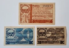 3 old banknotes, emergency money from: Groß Wirschleben 25 + 50 Pf. + 1 Mark from 1921
