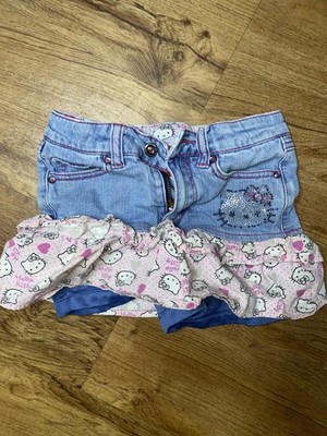 Hello Kitty Skirt Girls 6 Blue Denim Pink Ruffle Hearts Skort Shorts vtg