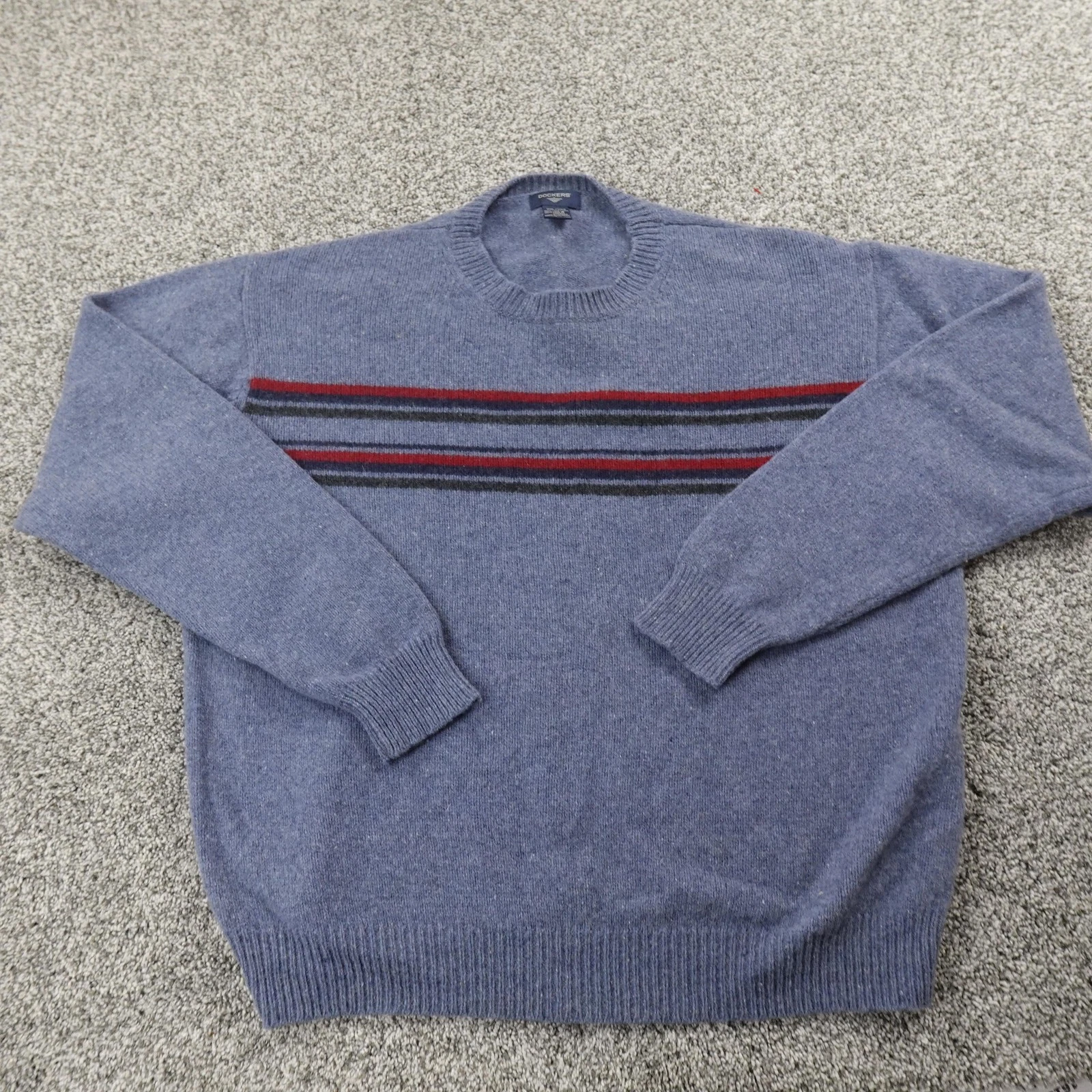 Dockers Sweater Mens 2XL Blue Lambswool Pullover Crewneck Striped Knit Heather