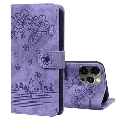 Étui Portefeuille Violet Pour IPhone 15 - Motif Chat Et Fleurs, Coque Flip Protectrice, Marque Odeydo, Qualité Premium