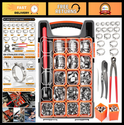 304 Stainless Steel Hose Clamp Assortment Kit - 362 Pcs, 16 Sizes, Pliers & Cutt