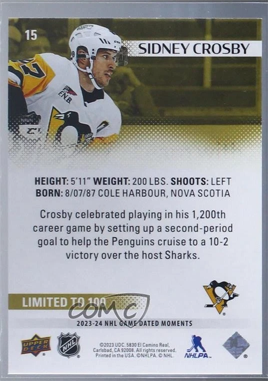 2023-24 Upper Deck Game Dated Moments Gold /100 Sidney Crosby #15 - Image 2 of 2