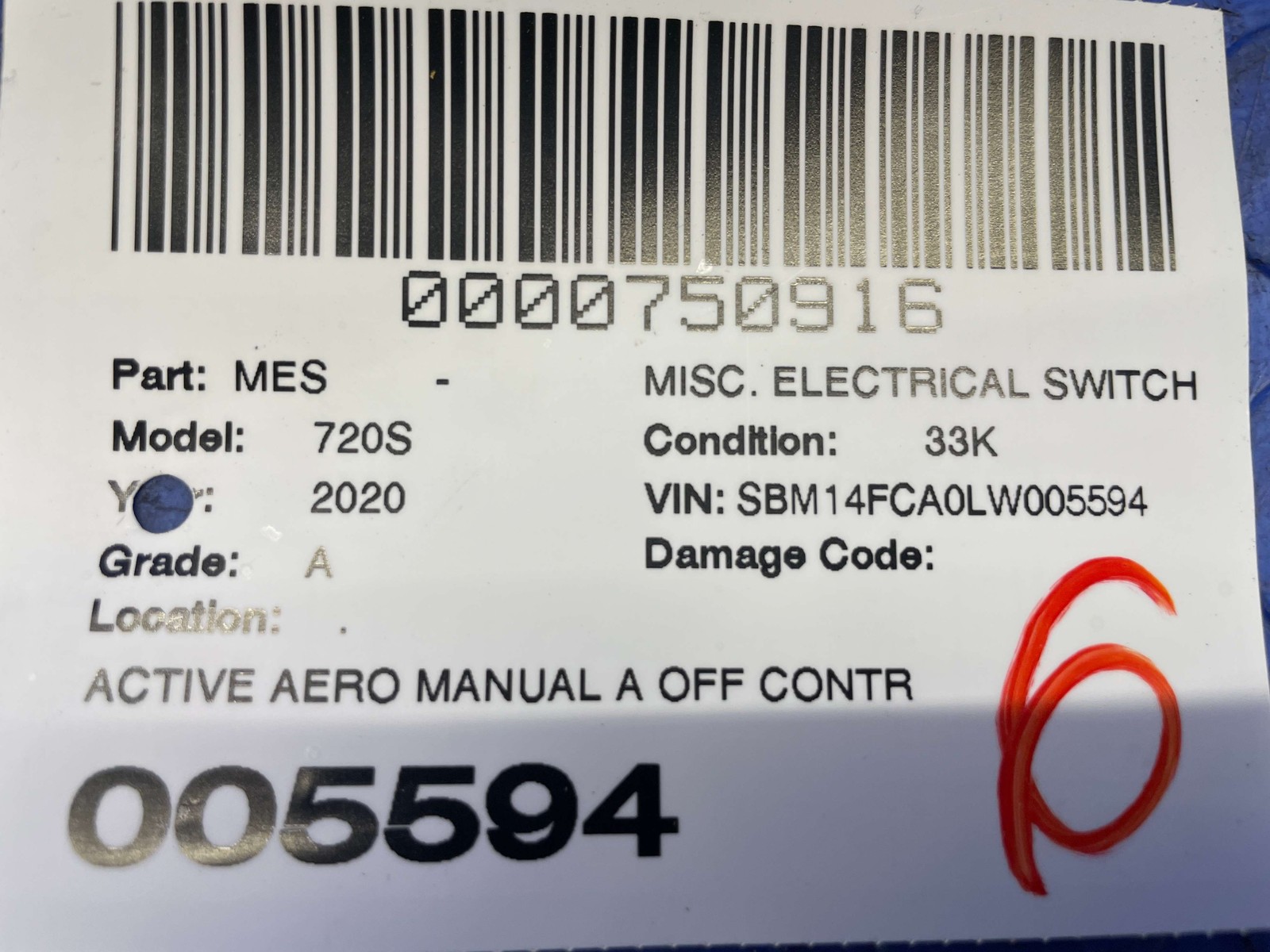 2018-2023 MCLAREN 720S ACTIVE AERO MANUAL A OFF CONTROL SWITCH PANEL 14MA390CP