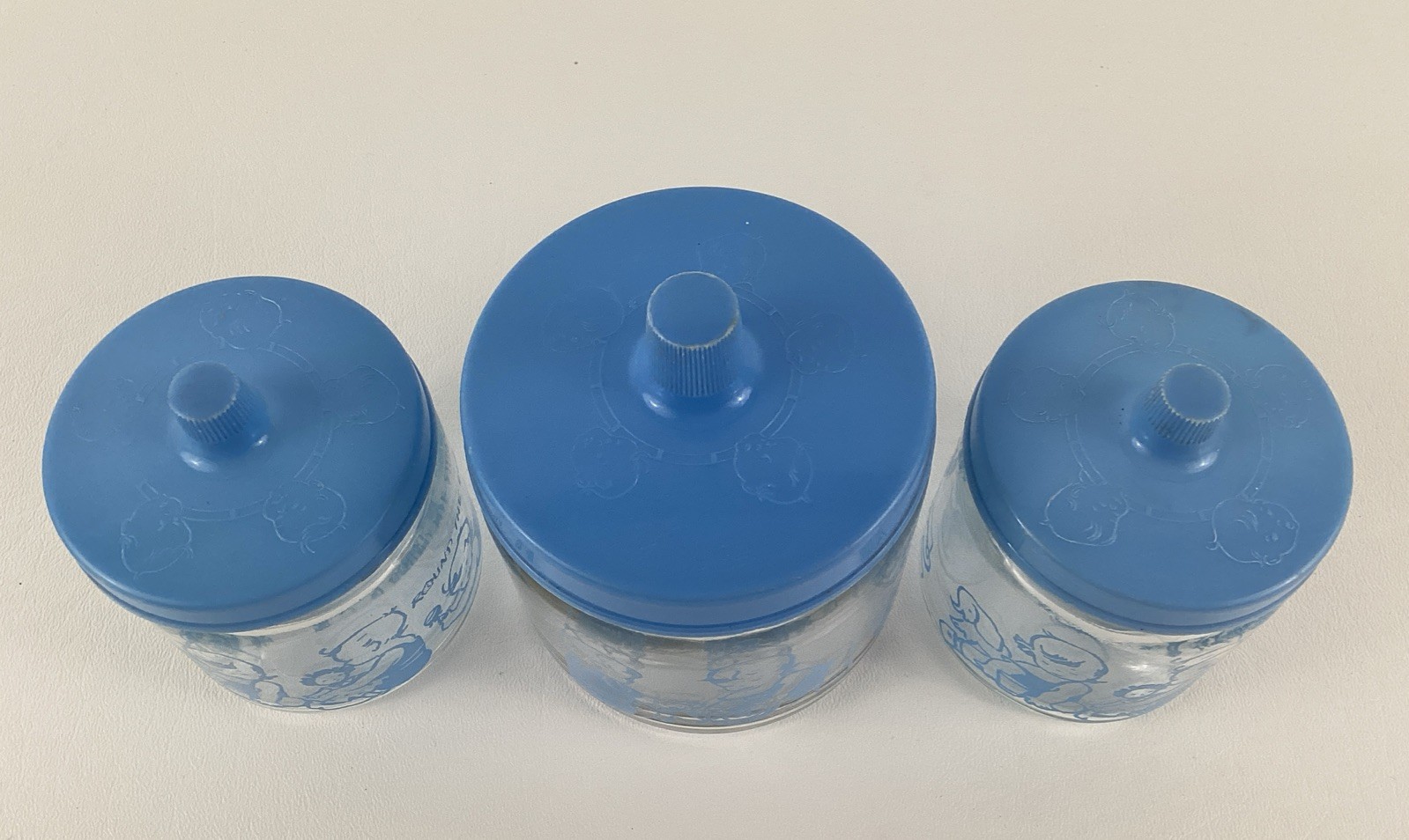 Vintage Glasco Baby Nursery Jar Set Vanity Blue Round The Clock 1950s 1960s
