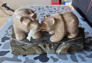 Soapstone Carved Bears Fighting Over A Fish