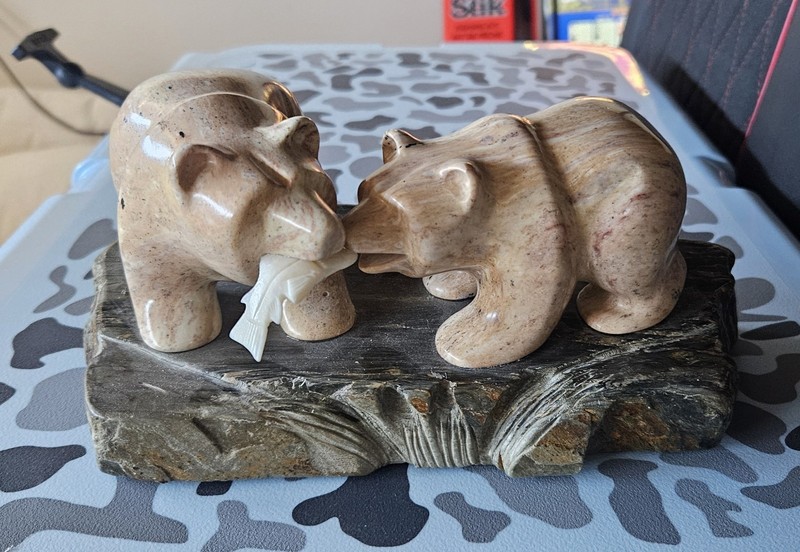 Soapstone Carved Bears Fighting Over A Fish