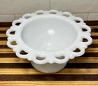 Vintage 7" White Milk Glass Pedestal Compote Bowl Scalloped Heart Laced Edge