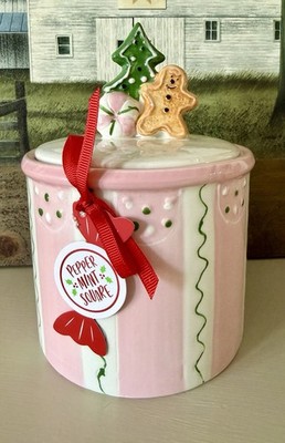 Peppermint Square - Pink & White Gingerbread Man Christmas Canister - New
