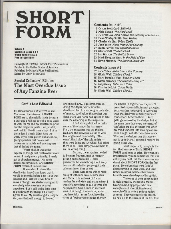 SHORT FORM MAGAZINE # 3 4 1989 SCIENCE FICTION ORSON SCOTT CARD CHARLES DE LINT