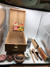 Vintage KIWI Shoe Shine Kit Wooden Box w/ Brushes, Tins  Accessories