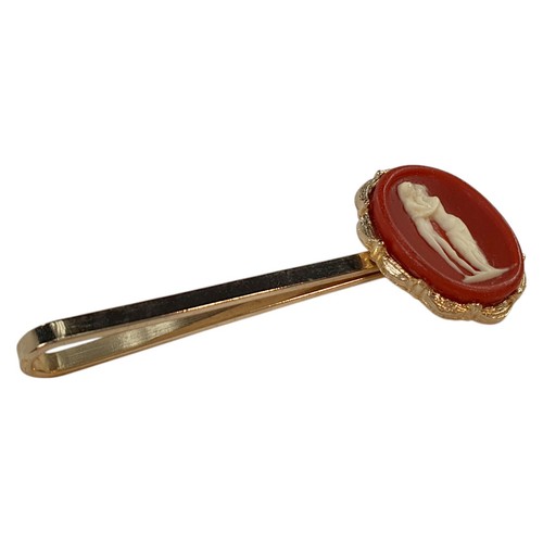Aphrodite and Adonis Kissing Cameo Gold Tone Mens Tie Bar Clasp 2 1/2" - Red - Picture 4 of 5
