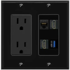 CAT6 2 HD USB-3 Port Wall Plate Black w Power Outlet