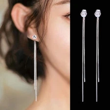 Women 925 Sterling Silver Plated Cubic CZ Long Tassel Drop Thread Earrings E57