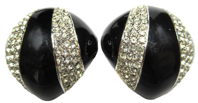 CINER Black Enamel Sparkling Ice Rhinestone Vintage Clip Earrings