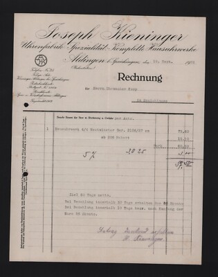 ALDINGEN, Rechnung 1928, Joseph Kieninger Uhren-Fabrik Hausuhrwerke