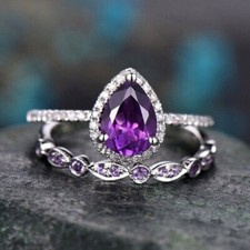 925 Sterling Silver Purple Amethyst Rings Set Women Wedding Engagement Jewelry