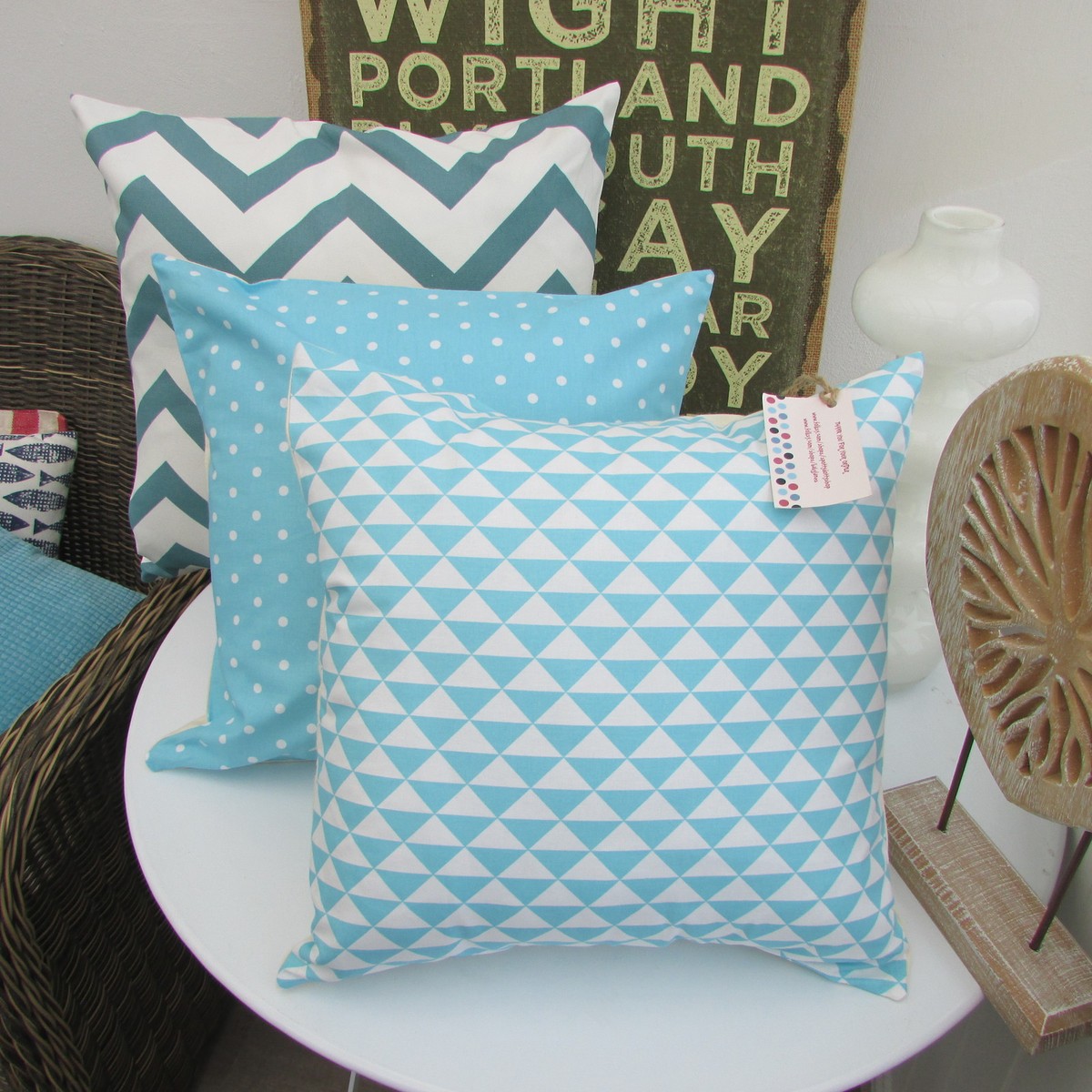 CUSHION COVER COTTON FABRIC GEOMETRIC TURQUOISE DUCK EGG BLUE TEAL